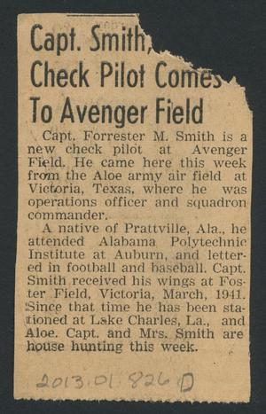 Primary view of object titled '[Clipping: Capt. Smith, Check Pilot Comes to Avenger Field]'.