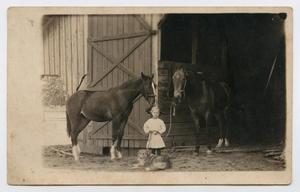 Primary view of object titled '[Postcard Picturing Pearl Draper With Barn Animals]'.