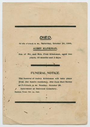 Primary view of object titled '[Funeral Program for Aubry Klinkman, October 25, 1896]'.