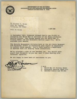 Primary view of object titled '[Letter from the Department of the Air Force to Eleanor Brown, April 3, 1984]'.