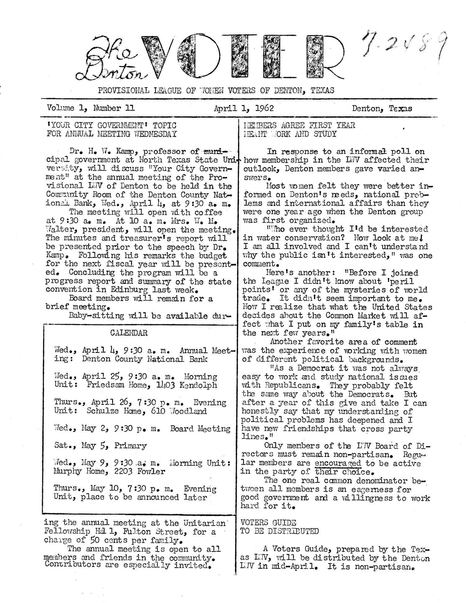 The Denton Voter Newsletter, Volume 01, Number 11, April 1, 1962
                                                
                                                    1
                                                
