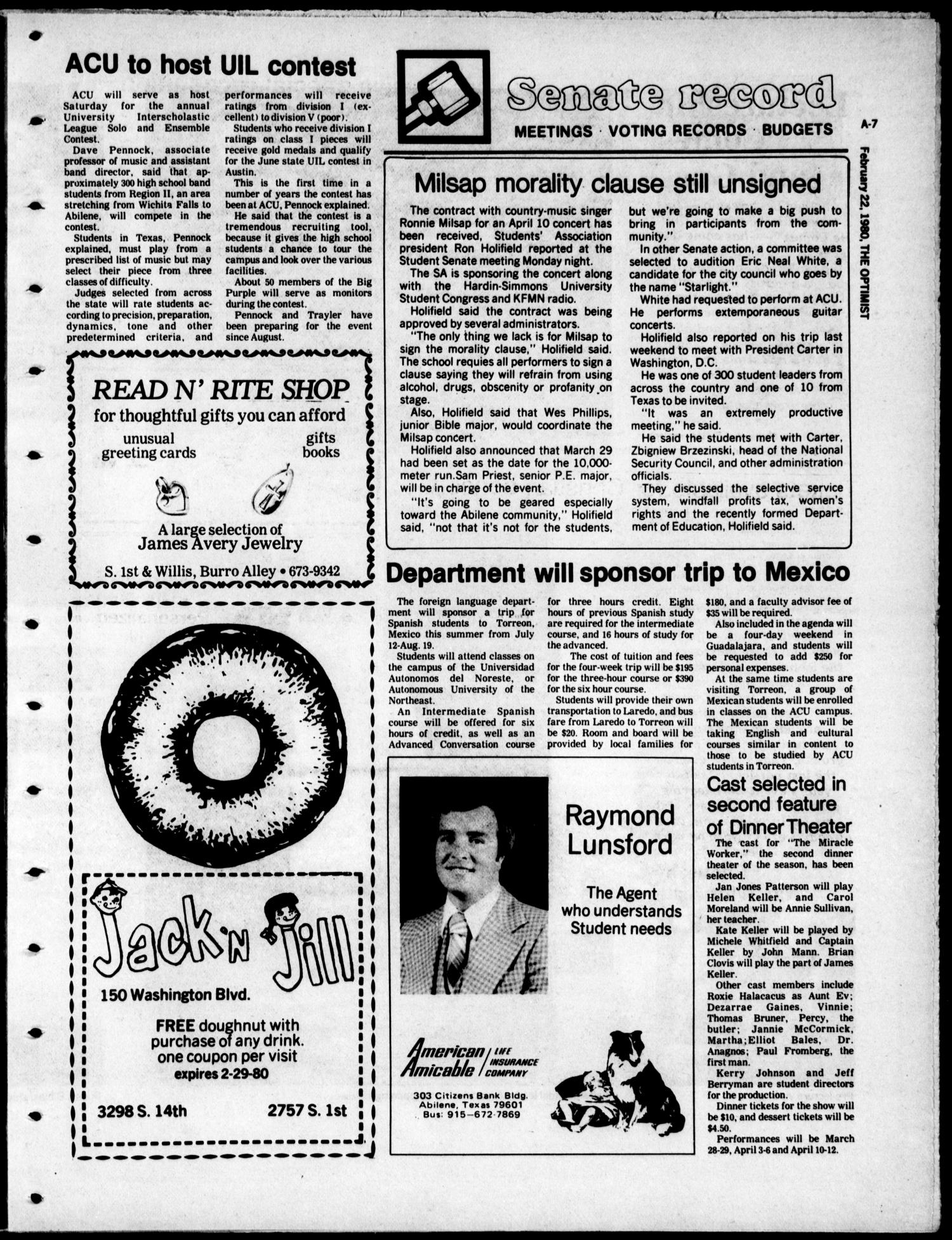 The Optimist (Abilene, Tex.), Vol. 67, No. 20, Ed. 1, Friday, February 22, 1980
                                                
                                                    [Sequence #]: 7 of 23
                                                