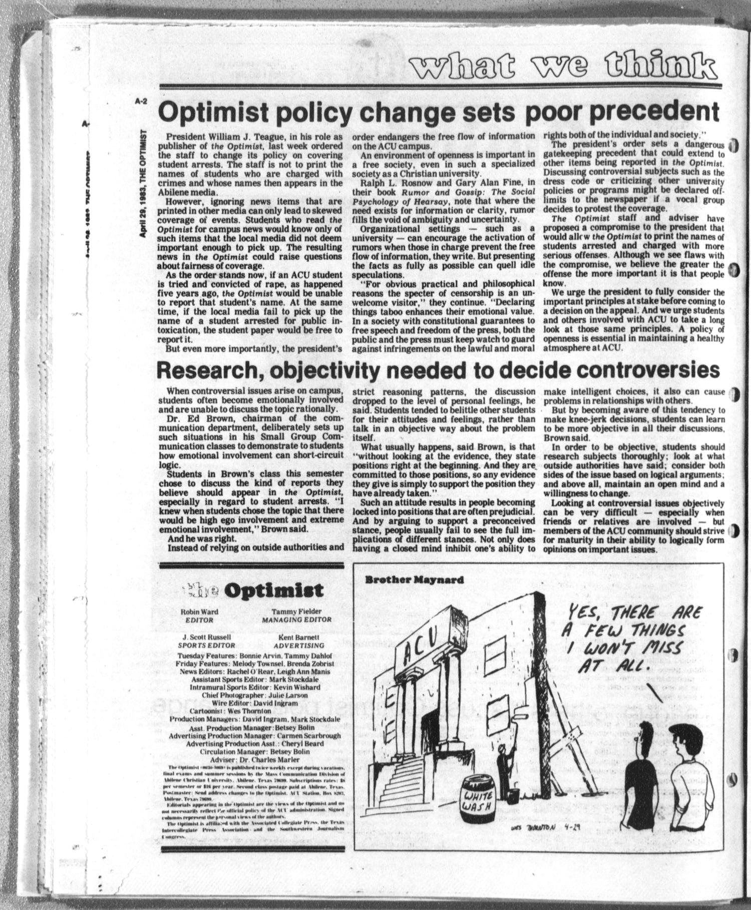 The Optimist (Abilene, Tex.), Vol. 70, No. 56, Ed. 1, Friday, April 29, 1983
                                                
                                                    [Sequence #]: 2 of 27
                                                