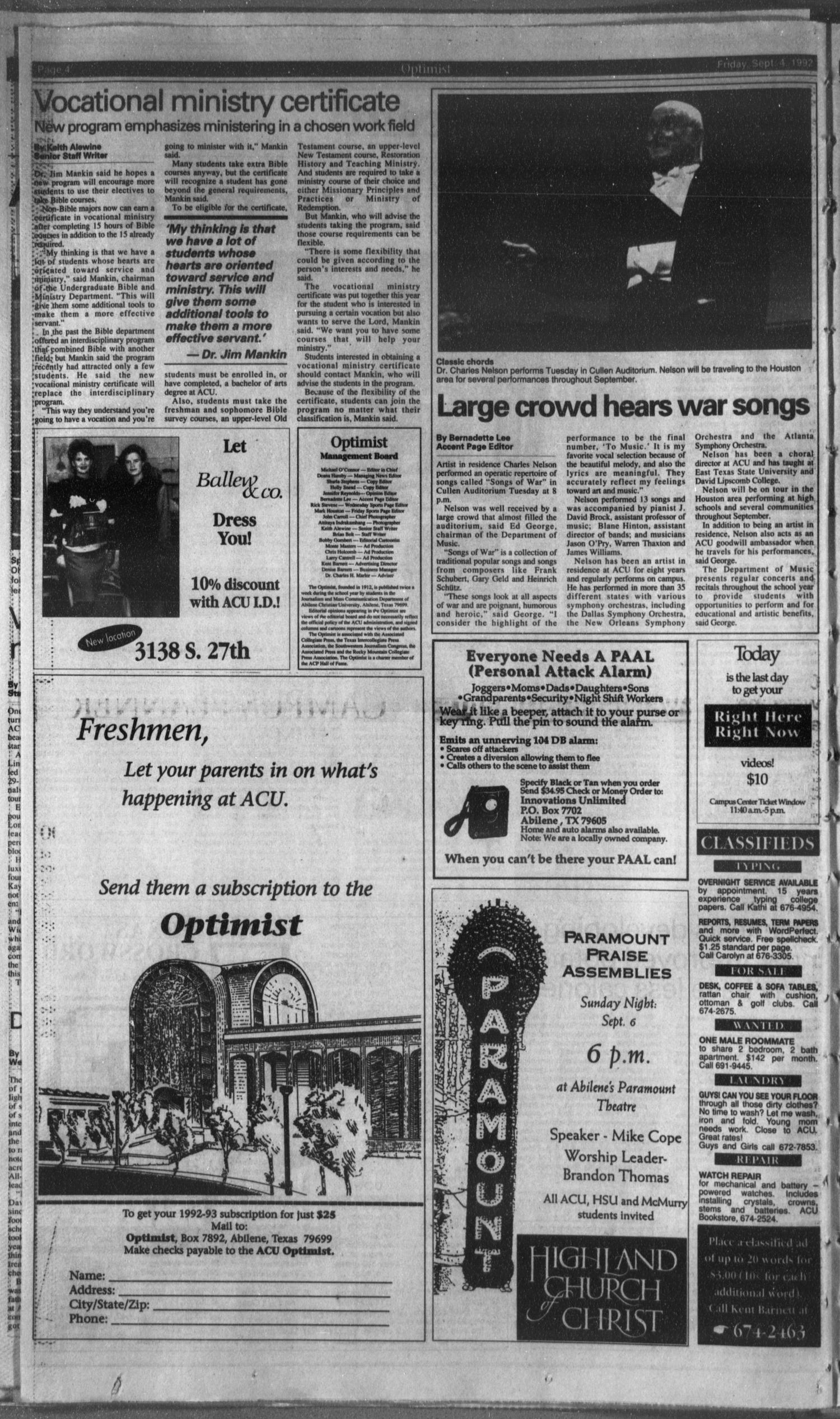 The Optimist (Abilene, Tex.), Vol. 81, No. 5, Ed. 1, Friday, September 4, 1992
                                                
                                                    [Sequence #]: 4 of 8
                                                