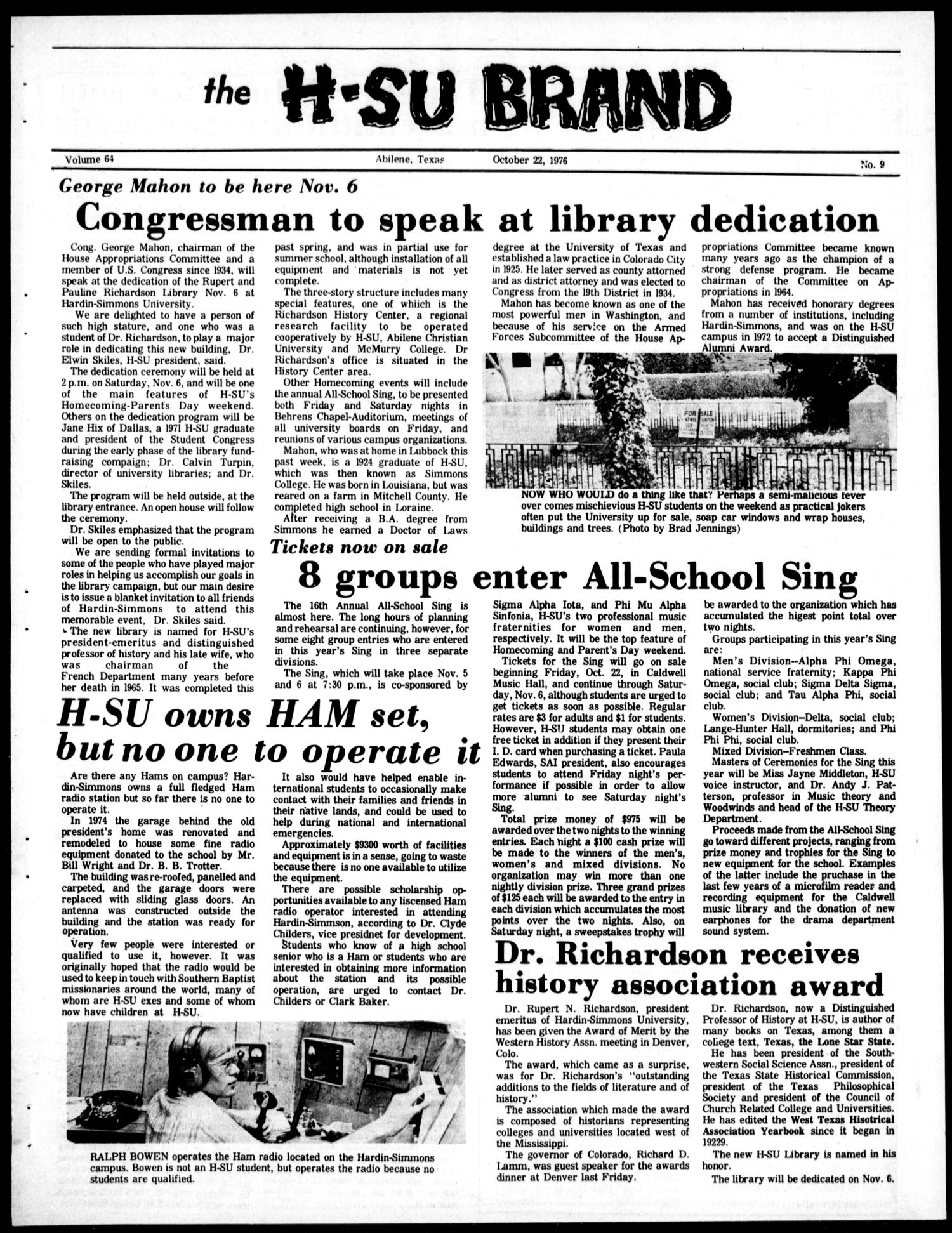 The H-SU Brand (Abilene, Tex.), Vol. 64, No. 9, Ed. 1, Friday, October 22, 1976
                                                
                                                    [Sequence #]: 1 of 4
                                                