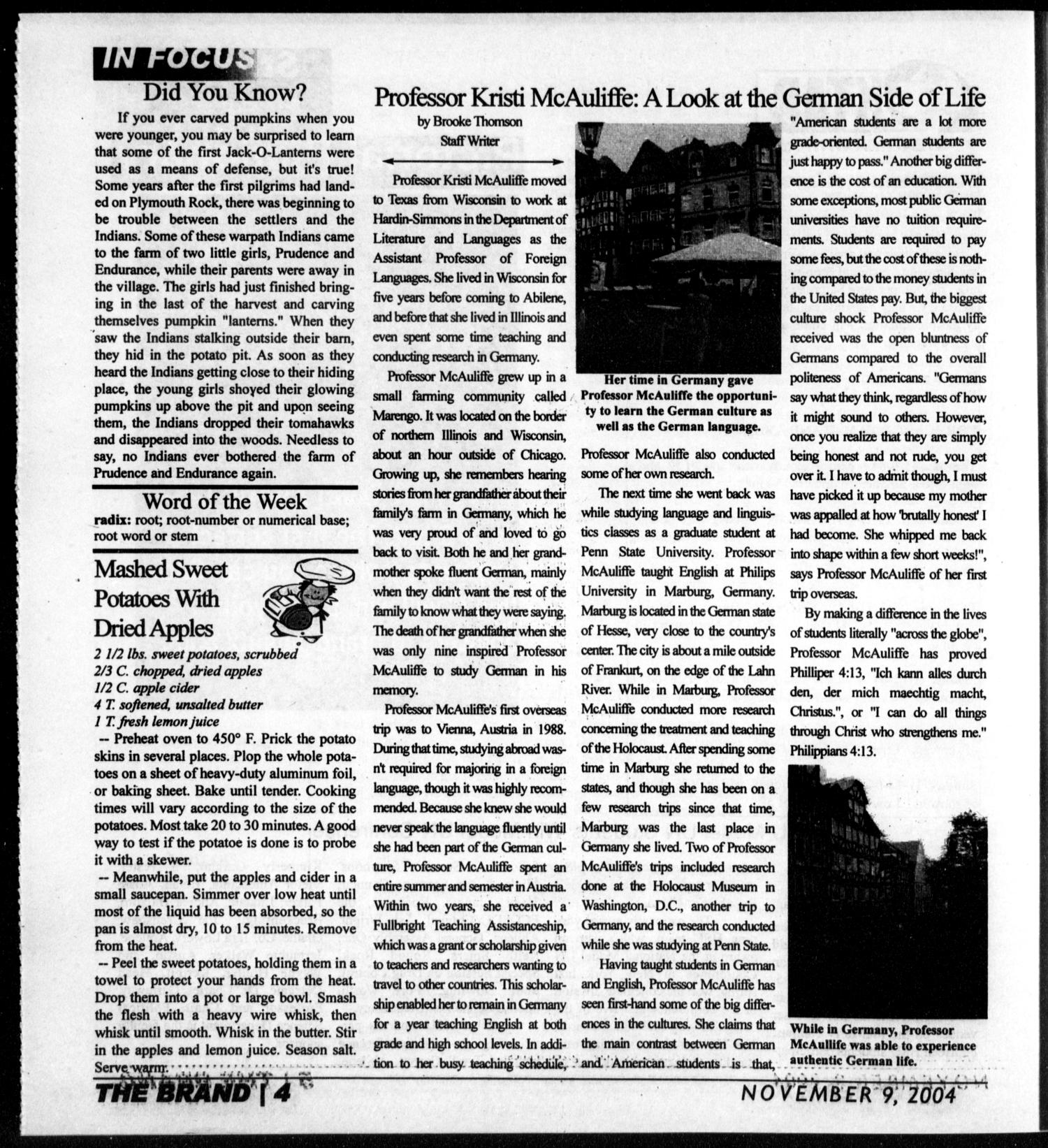 The HSU Brand (Abilene, Tex.), Vol. 92, No. 7, Ed. 1, Tuesday, November 9, 2004
                                                
                                                    [Sequence #]: 4 of 12
                                                