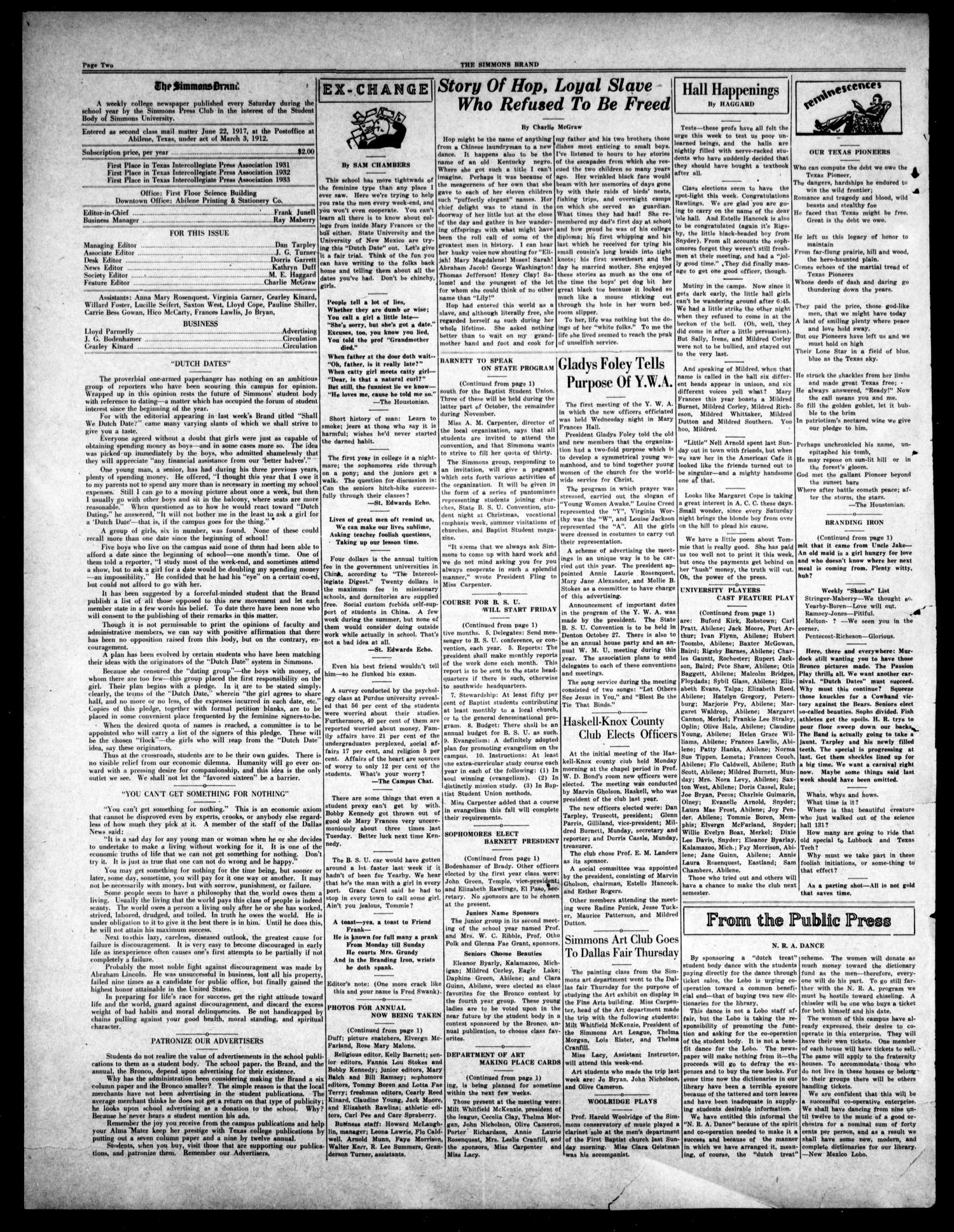 The Simmons Brand (Abilene, Tex.), Vol. 18, No. 5, Ed. 1, Saturday, October 21, 1933
                                                
                                                    [Sequence #]: 2 of 2
                                                