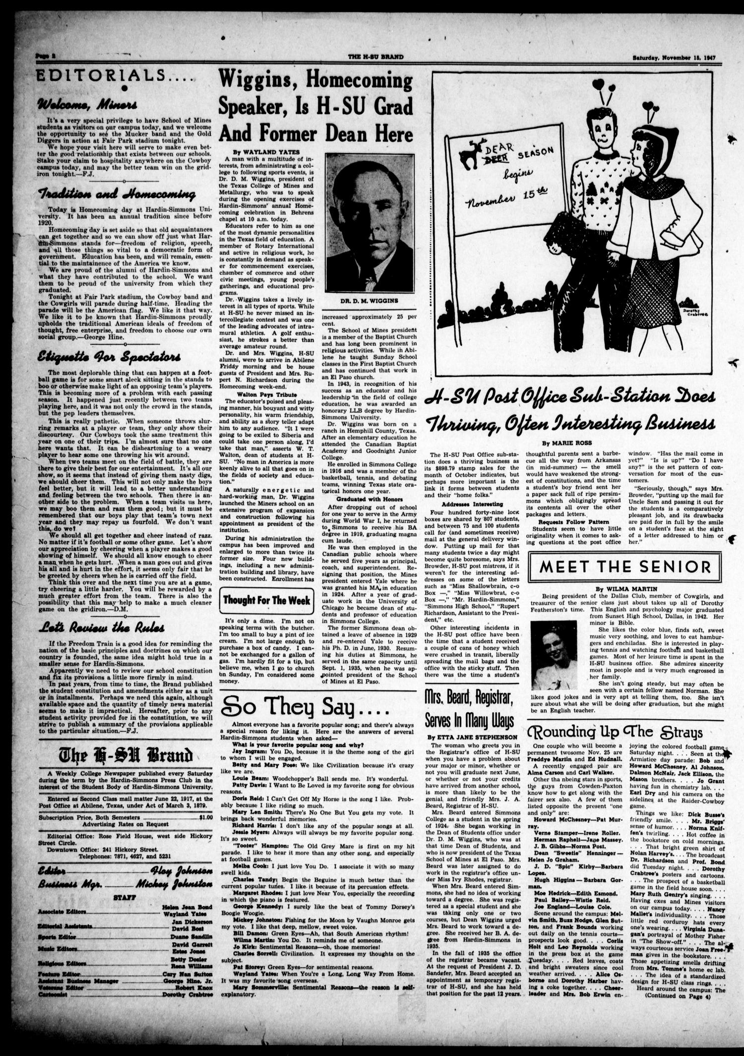 The H-SU Brand (Abilene, Tex.), Vol. 32, No. 9, Ed. 1, Saturday, November 15, 1947
                                                
                                                    [Sequence #]: 2 of 4
                                                