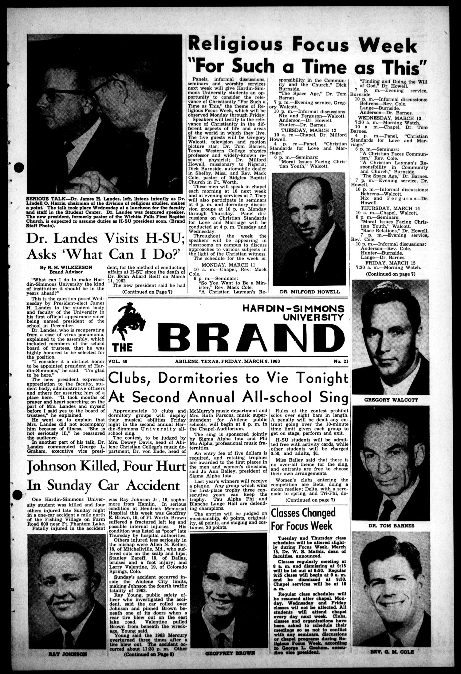 The Brand (Abilene, Tex.), Vol. 48, No. 21, Ed. 1, Friday, March 8, 1963
                                                
                                                    [Sequence #]: 1 of 8
                                                