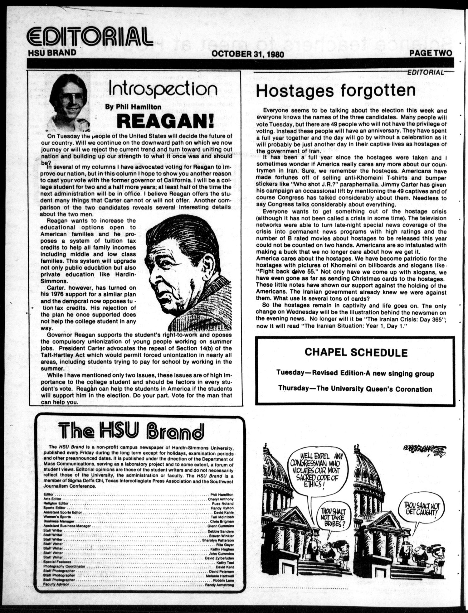 The HSU Brand (Abilene, Tex.), Vol. 68, No. 8, Ed. 1, Friday, October 31, 1980
                                                
                                                    [Sequence #]: 2 of 8
                                                