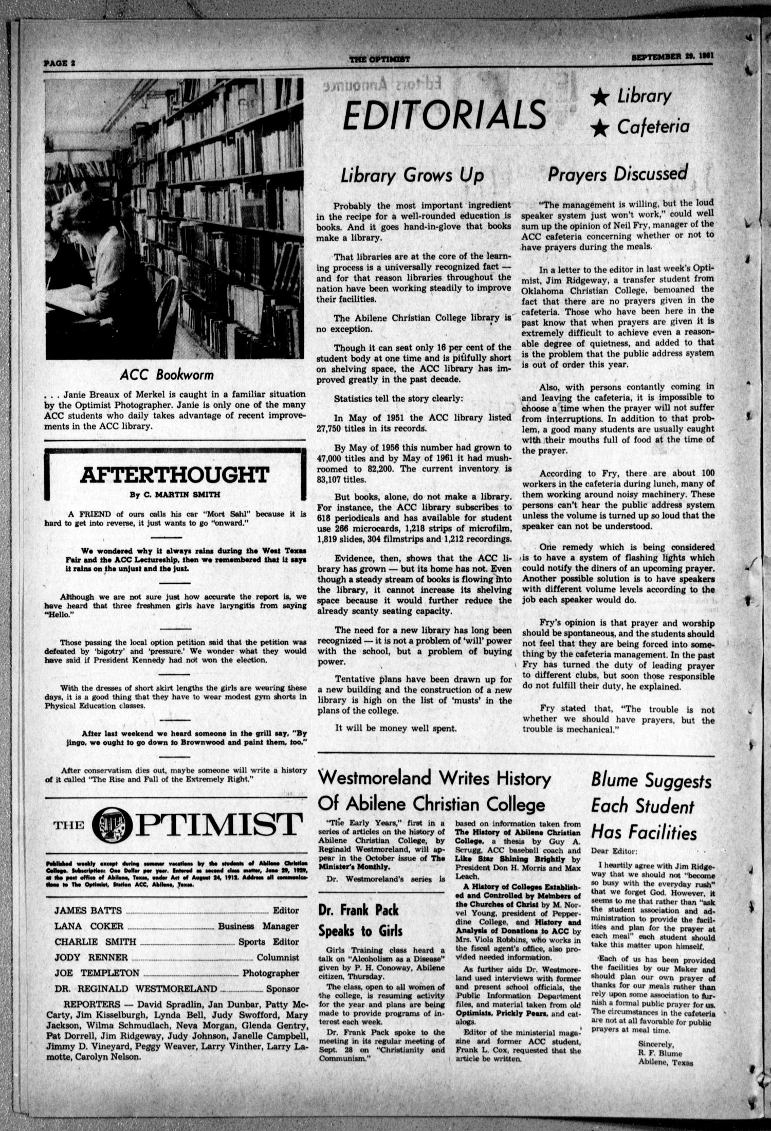 The Optimist (Abilene, Tex.), Vol. 49, No. 2, Ed. 1, Friday, September 29, 1961
                                                
                                                    [Sequence #]: 2 of 8
                                                