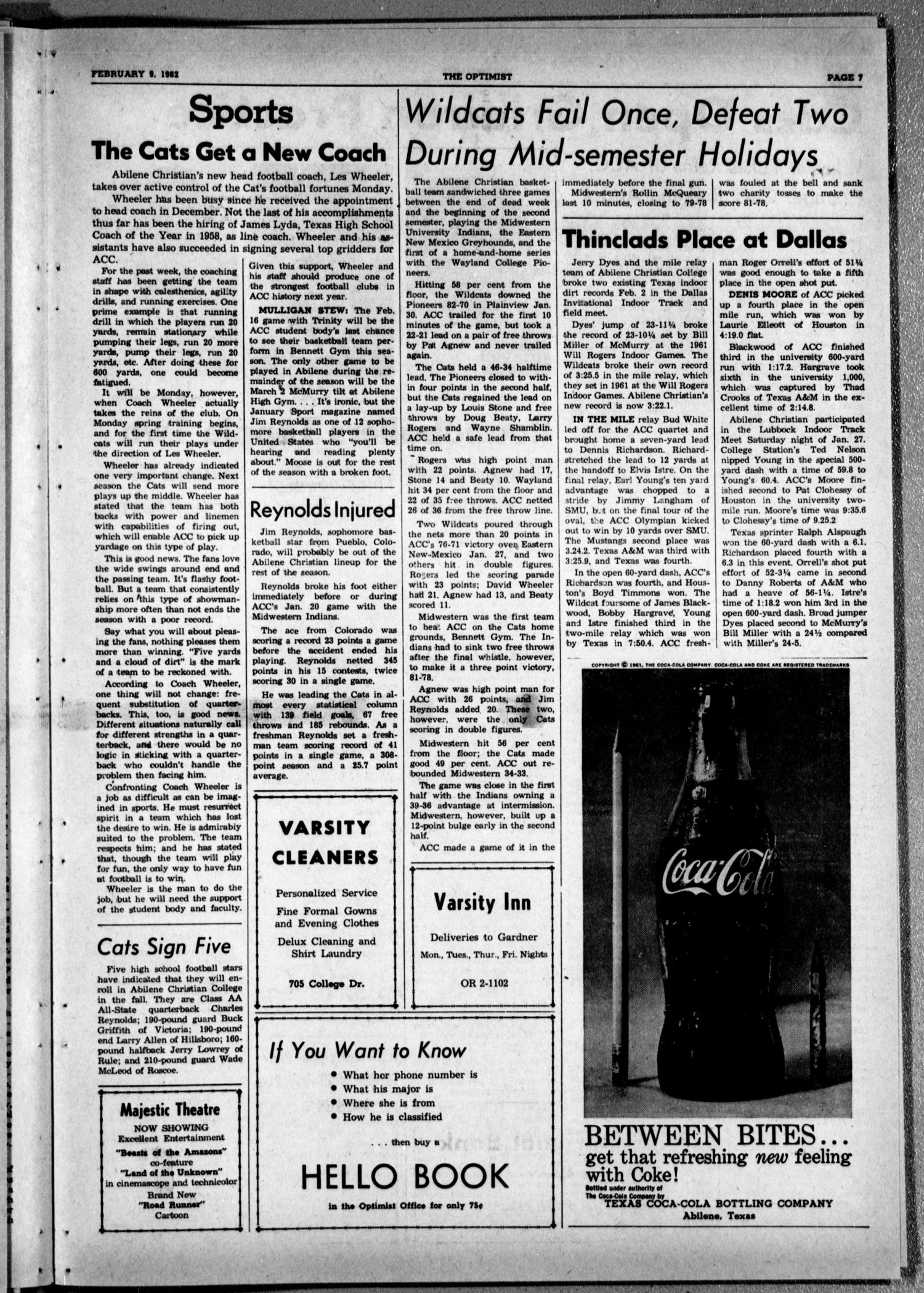 The Optimist (Abilene, Tex.), Vol. 49, No. 15, Ed. 1, Friday, February 9, 1962
                                                
                                                    [Sequence #]: 7 of 8
                                                
