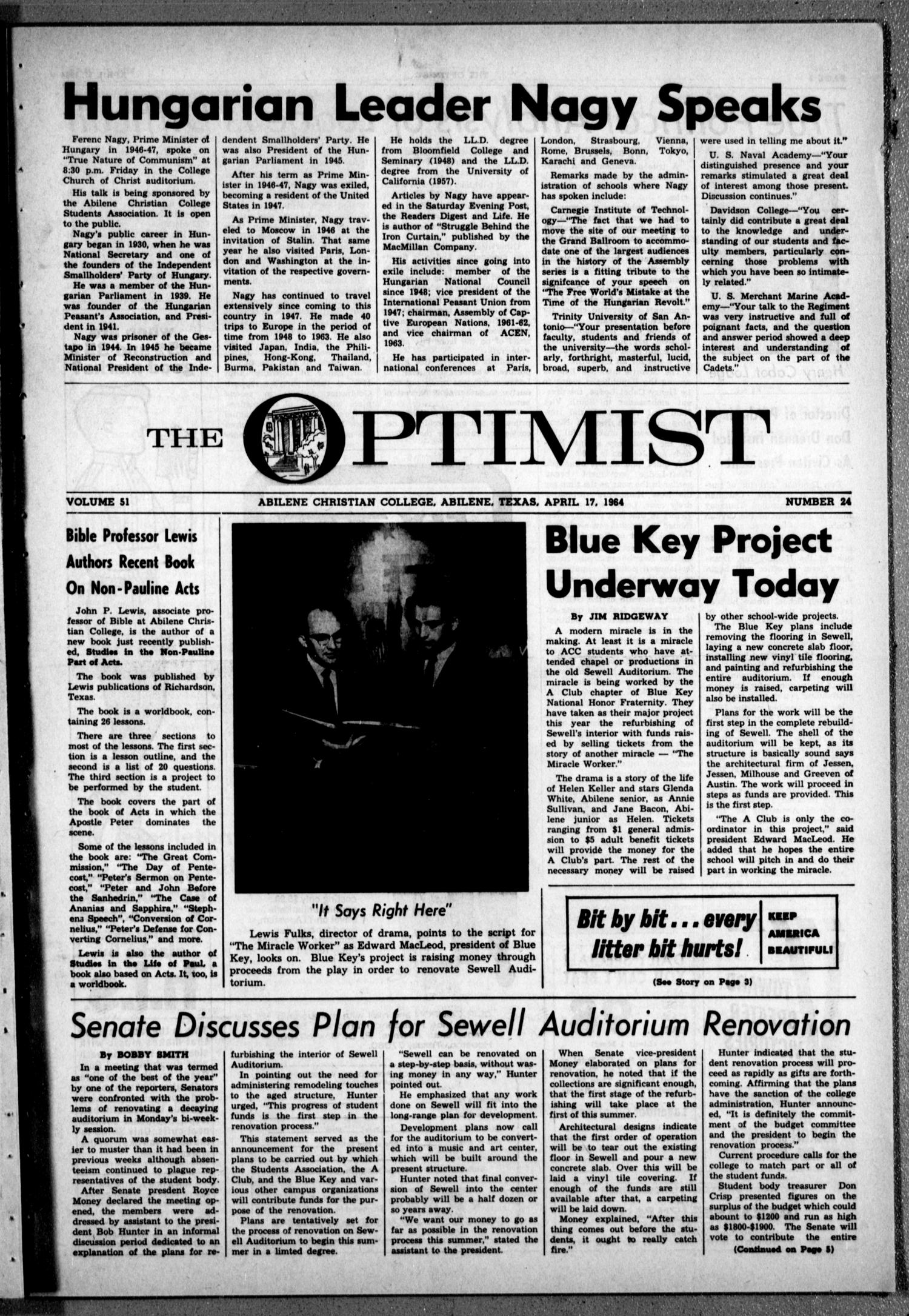 The Optimist (Abilene, Tex.), Vol. 51, No. 24, Ed. 1, Friday, April 17, 1964
                                                
                                                    [Sequence #]: 1 of 8
                                                