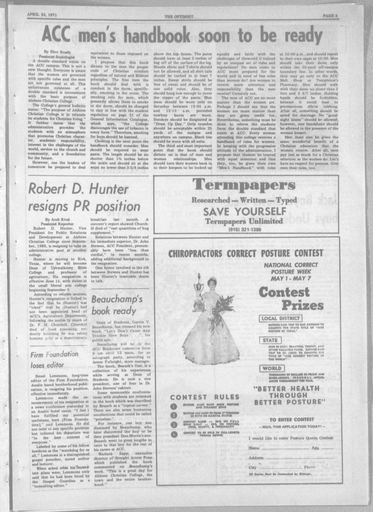 The Optimist (Abilene, Tex.), Vol. 58, No. 24, Ed. 1, Friday, April 23, 1971
                                                
                                                    [Sequence #]: 3 of 8
                                                