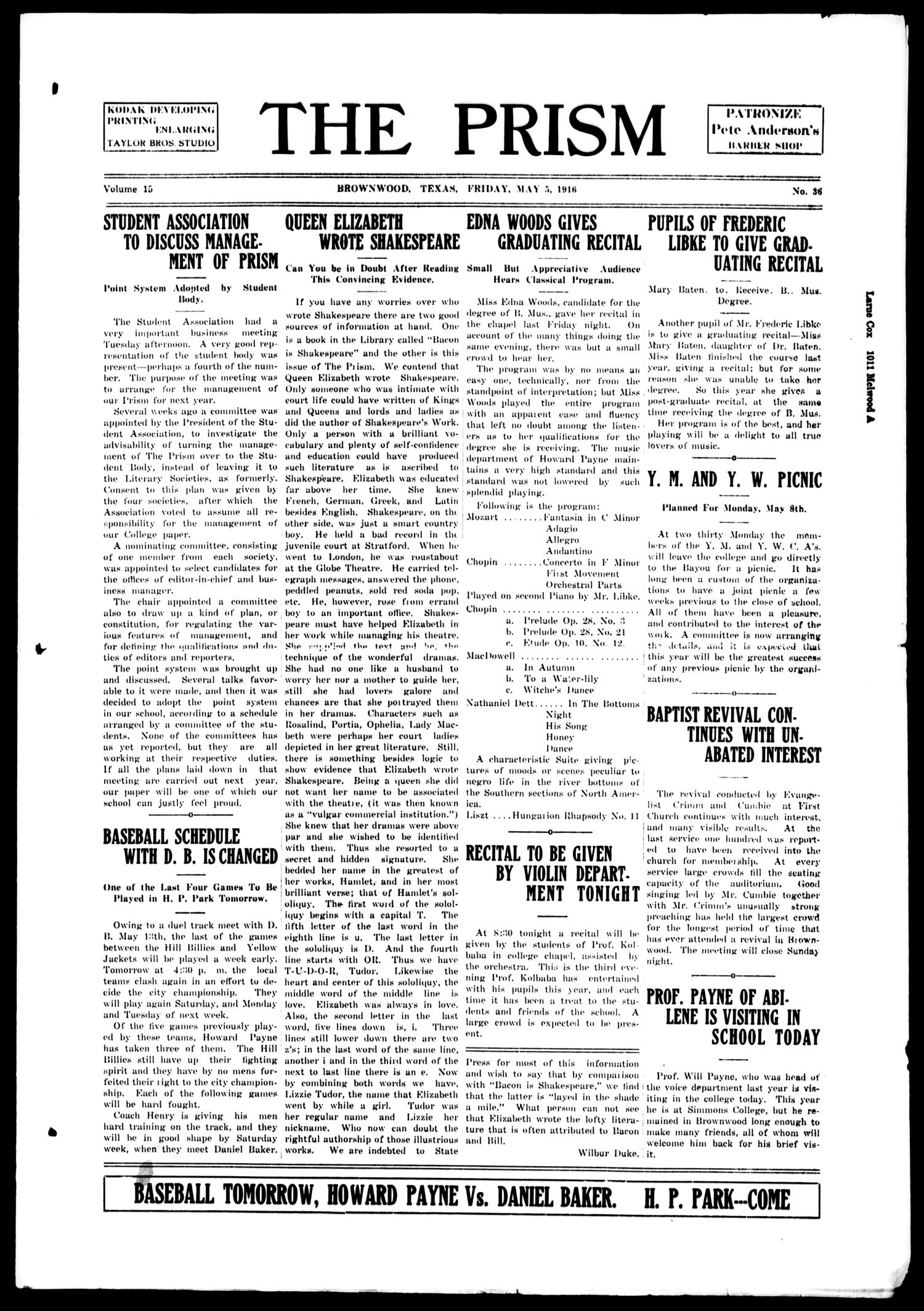 The Prism (Brownwood, Tex.), Vol. 15, No. 36, Ed. 1, Friday, May 5, 1916
                                                
                                                    [Sequence #]: 1 of 4
                                                