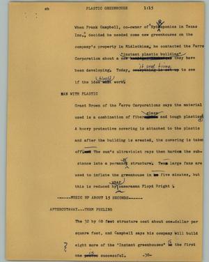Primary view of object titled '[News Script: Plastic greenhouse]'.
