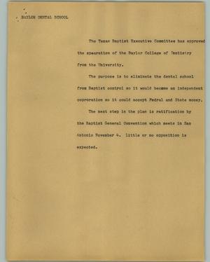Primary view of object titled '[News Script: Baylor dental school]'.