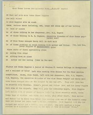 Primary view of object titled '[News Script: Miss Texas leaves for Atlantic City]'.