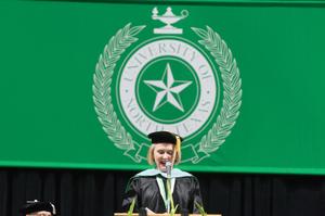 Primary view of object titled '[Speaker at the Fall 2016 Graduate Commencement ceremony]'.