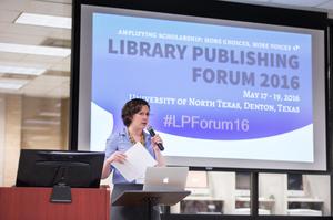 Primary view of object titled '[Sarah Lippincott at the Library Publishing Forum 2016]'.