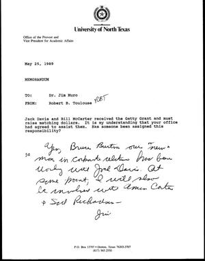 Primary view of object titled '[Memorandum from Robert B. Toulouse to Jim Muro, May 25, 1989]'.