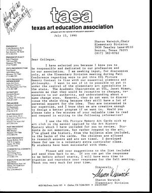 Primary view of object titled '[Letter Template from Sharon Warwick to TAEA Colleagues, July 15, 1990]'.