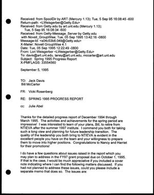 Primary view of object titled '[Letter from Vicki Rosenberg to Jack Davis and Bill McCarter, September 5, 1995]'.