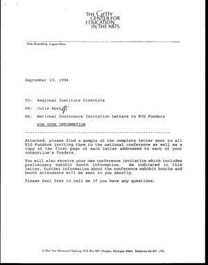 Primary view of object titled '[RE: National Conference Inivitation Letters to RIG Funders, September 19, 1994]'.