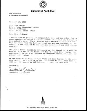 Primary view of object titled '[Letter from Cassandra Broadus to Pam Pedigo, October 18, 1990]'.