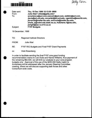 Primary view of object titled '[RE: FY97 Rig Budgets and Final FY97 Grant Payments, December 19, 1996]'.