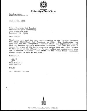 Primary view of object titled '[Letter from Bill McCarter to Sonja Starnes, August 24, 1990]'.