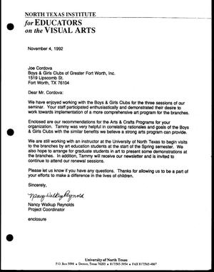 Primary view of object titled '[Letter from Nancy Reynolds to Joe Cordova, November 4, 1992]'.