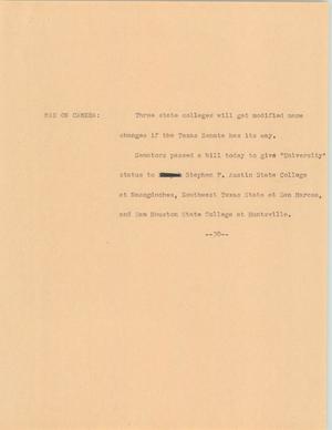 Primary view of object titled '[News Script: Texas universities]'.