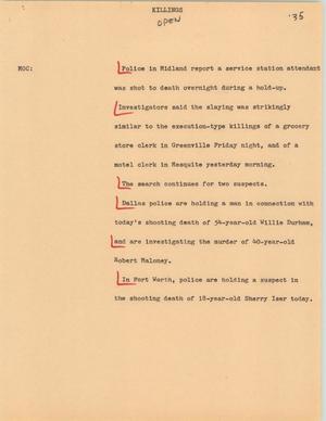 Primary view of object titled '[News Script: Killings]'.