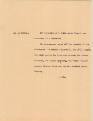 Primary view of object titled '[News Script: Dallas Arts Council]'.