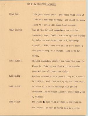 Primary view of object titled '[News Script: Six p.m. election advance]'.