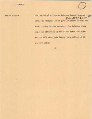 Primary view of object titled '[News Script: Lebanon]'.