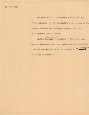 Primary view of object titled '[News Script: Dr. May Owen]'.