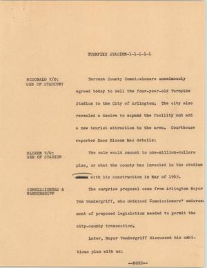 Primary view of object titled '[News Script: Turnpike Stadium]'.