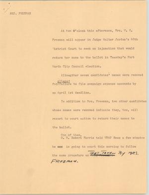 Primary view of object titled '[News Script: Mrs. Freeman]'.