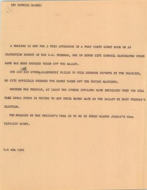 Primary view of object titled '[News Script: Fort Worth council race]'.