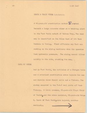 Primary view of object titled '[News Script: Death and Train Wreck]'.