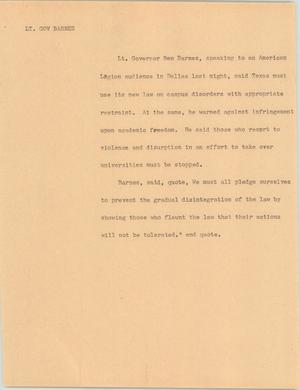 Primary view of object titled '[News Script: Lieutenant Governor Barnes]'.