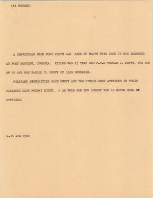 Primary view of object titled '[News Script: Ax Murder]'.