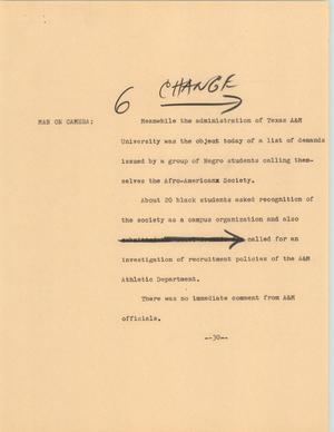 Primary view of object titled '[News Script: Texas A&M]'.
