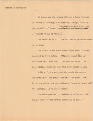 Primary view of object titled '[News Script: Patrolman kidnapped]'.