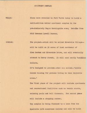 Primary view of object titled '[News Script: Apartment complex]'.