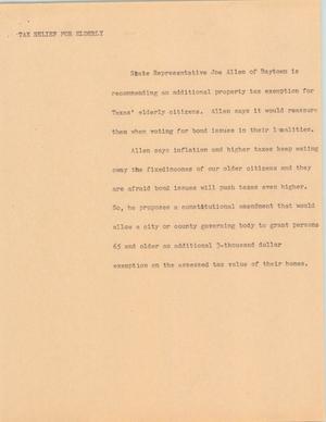 Primary view of object titled '[News Script: Tax relief for elderly]'.