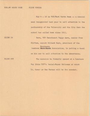 Primary view of object titled '[News Script: TCU-Fort Worth week]'.