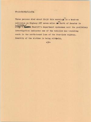 Primary view of object titled '[News Script: Fatal car wreck]'.